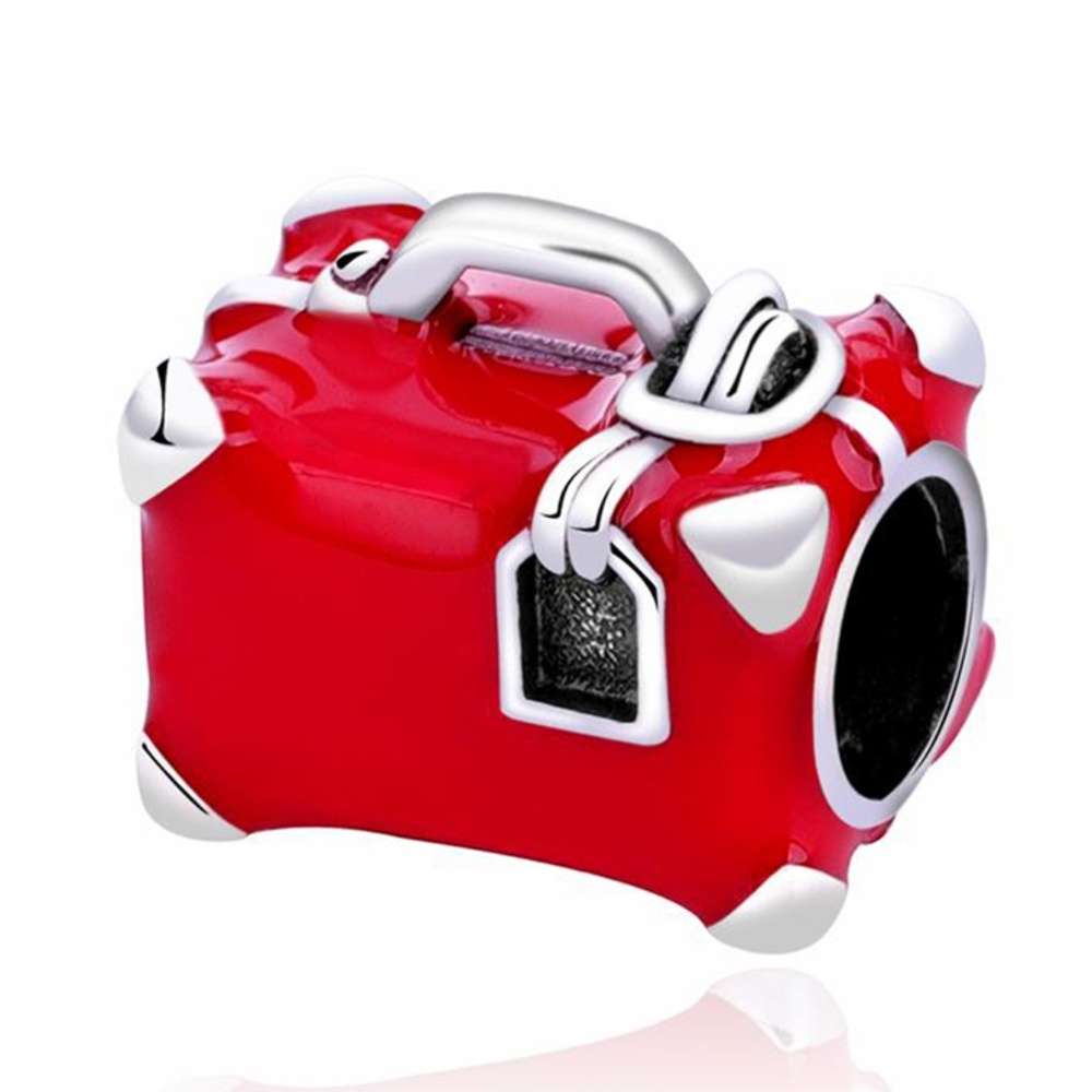 925 Sterling Silver Red Suitcase Handbag Luggage Travel Bag Charm Bead